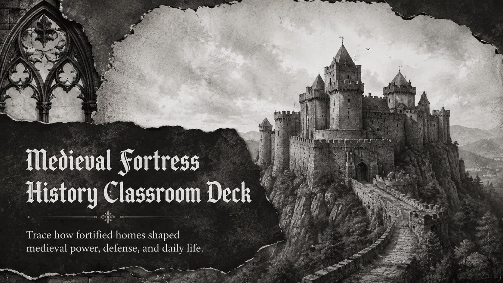 Cover of the Medieval Fortress History Classroom Deck with a monochrome stone castle and Gothic archival textures.