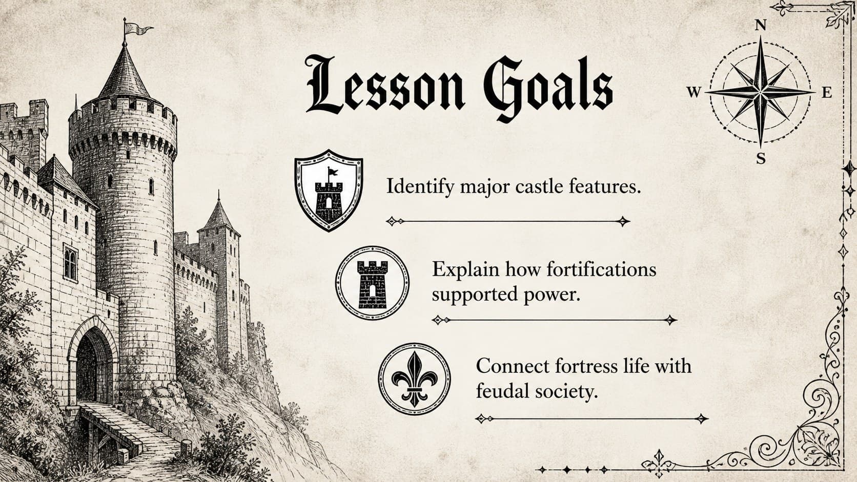 Medieval history lesson goals arranged beside a black-and-white fortress sketch.