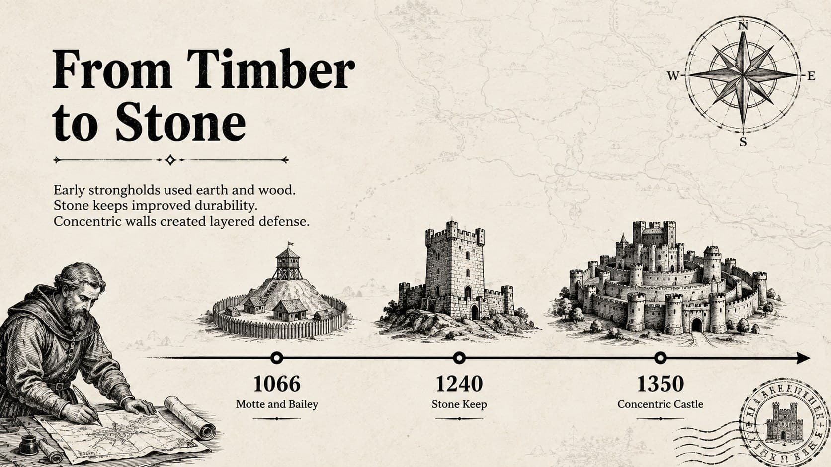 Fortress evolution timeline showing wooden strongholds, stone keeps, and concentric castles.