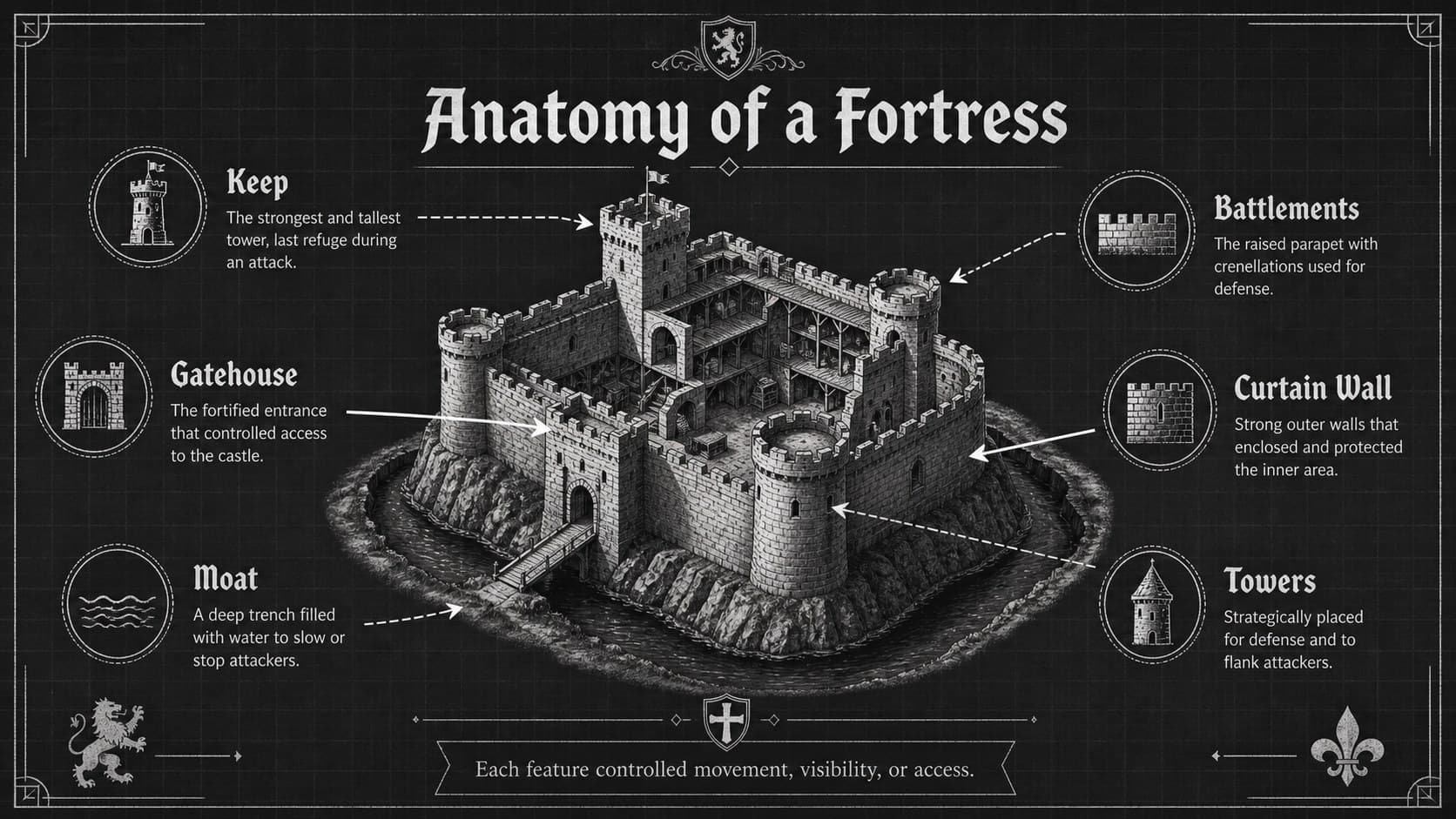 Castle defenses diagram labeling the keep, curtain wall, gatehouse, moat, and towers.