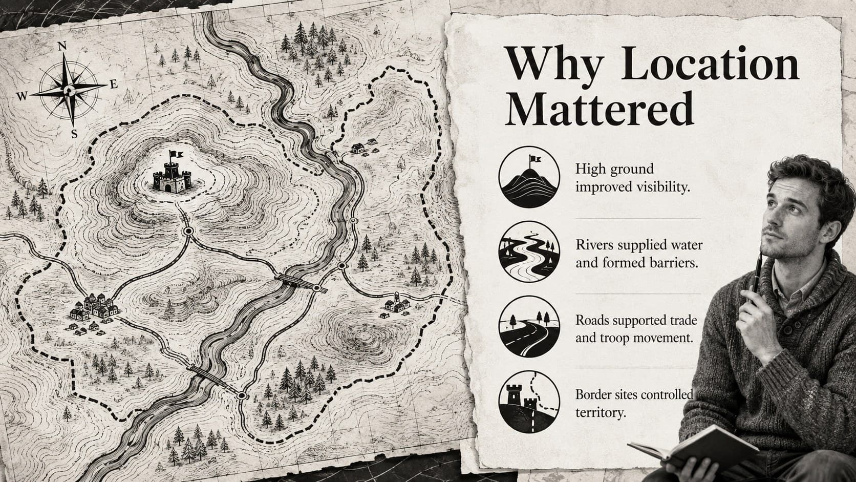 Medieval castle location lesson explaining hills, rivers, roads, and border defenses.