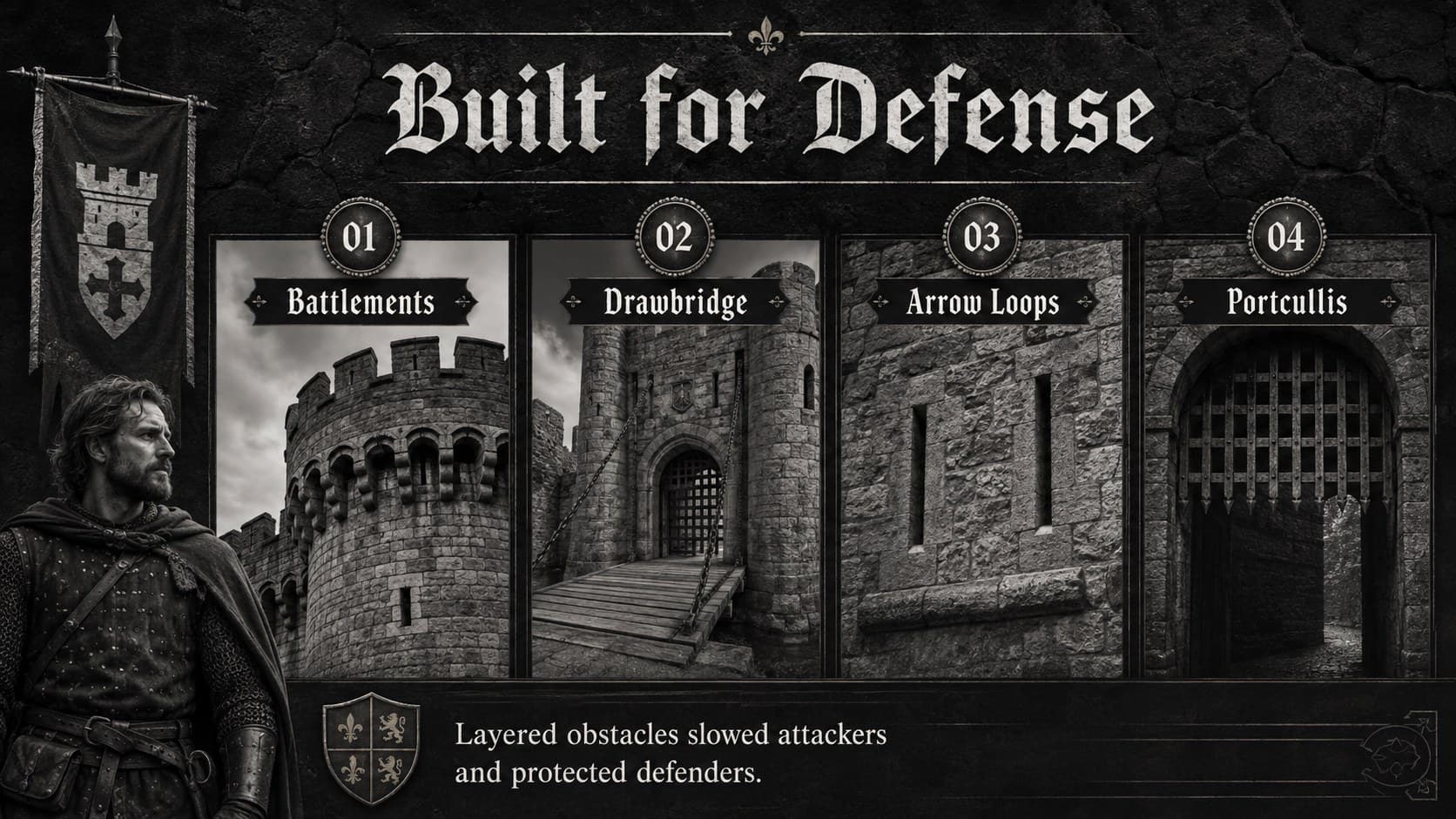 Castle defense strategy slide featuring battlements, drawbridges, arrow loops, and portcullises.