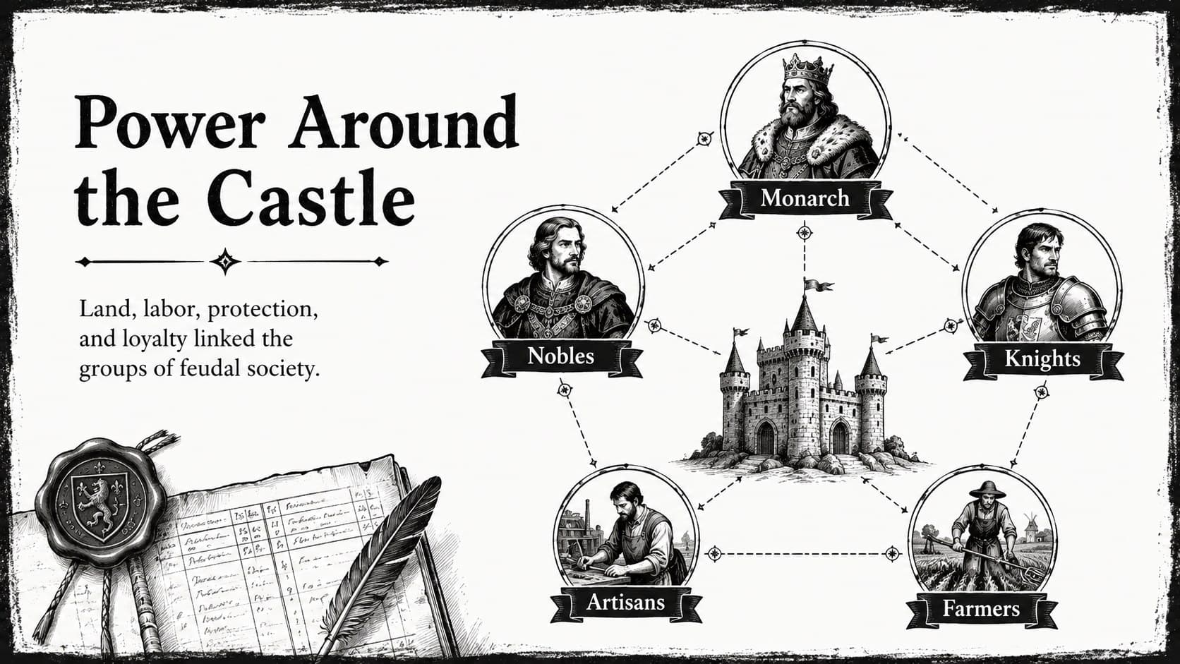 Feudal society classroom chart connecting monarchs, nobles, knights, artisans, and farmers.