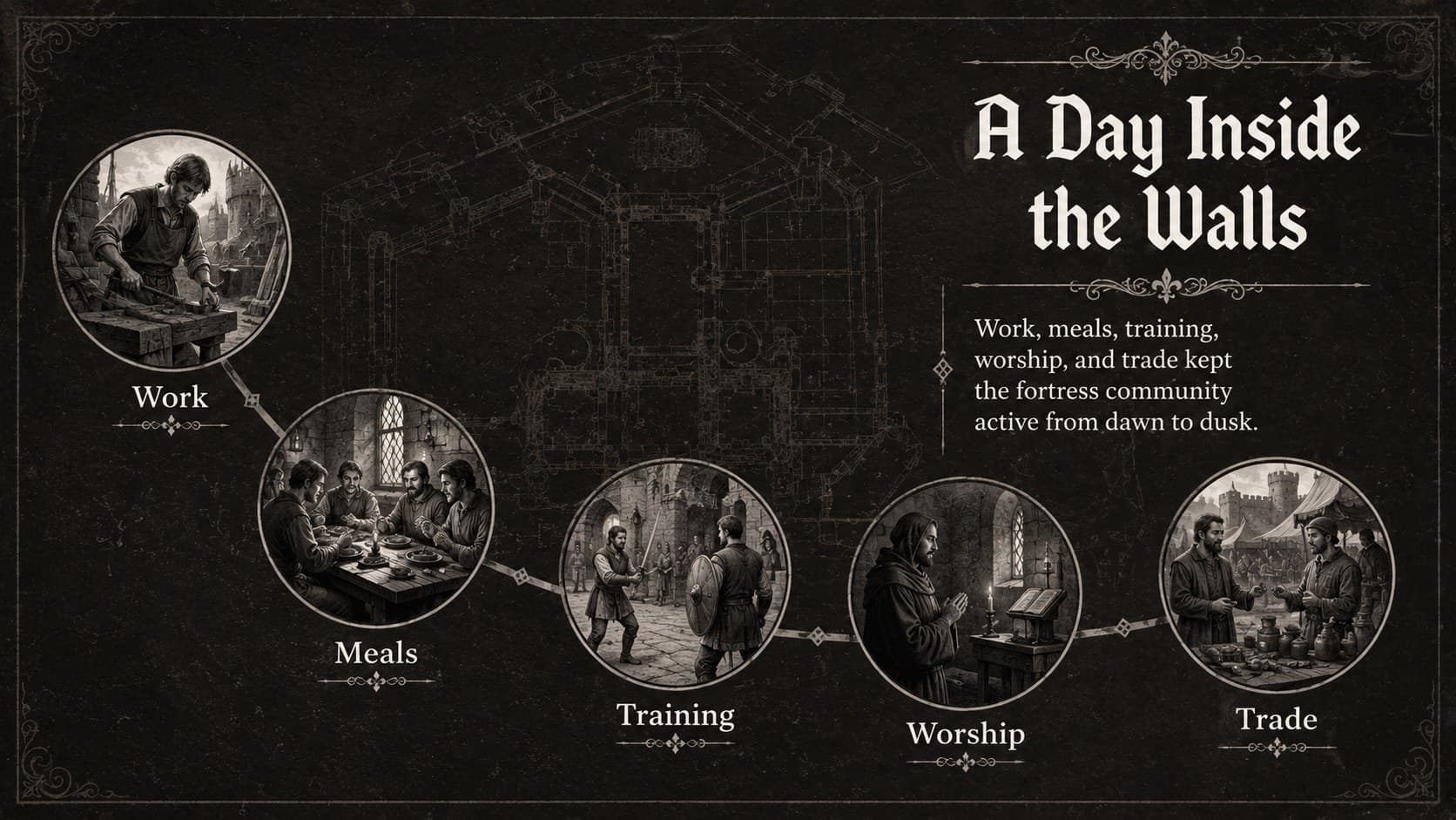 Daily life in a medieval fortress shown through work, meals, training, worship, and trade.