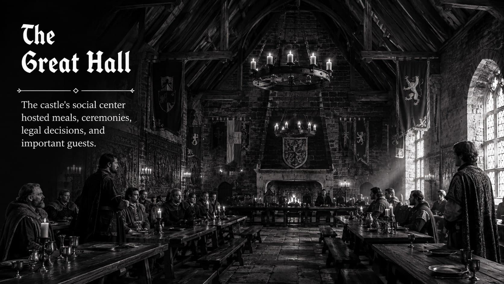Great hall history slide illustrating feasts, legal decisions, ceremonies, and hospitality.