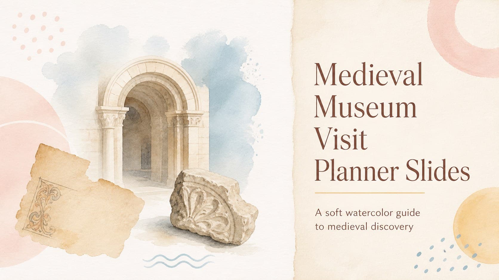 Cover slide for a medieval museum visit planner with soft pastel watercolor textures and a historical study theme.