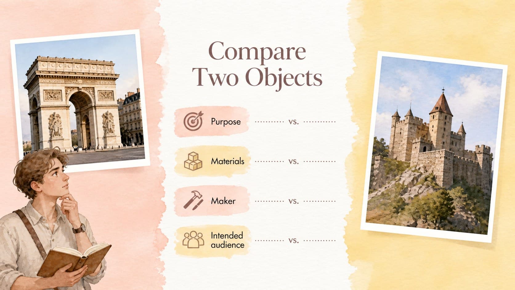 Comparison slide contrasting two medieval objects by purpose, materials, and audience.