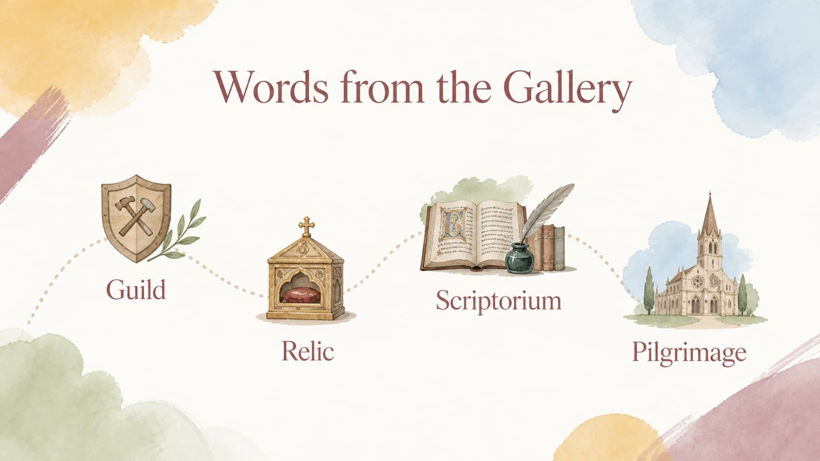 Vocabulary slide defining key medieval history terms with simple watercolor illustrations.
