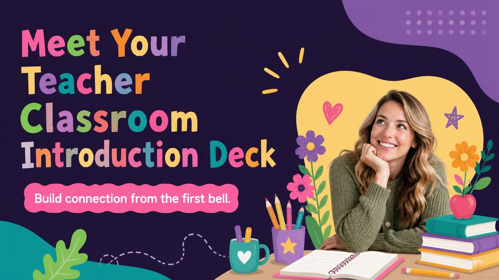 Colorful cover for a meet your teacher classroom introduction with playful floral illustrations and a cheerful educator portrait.