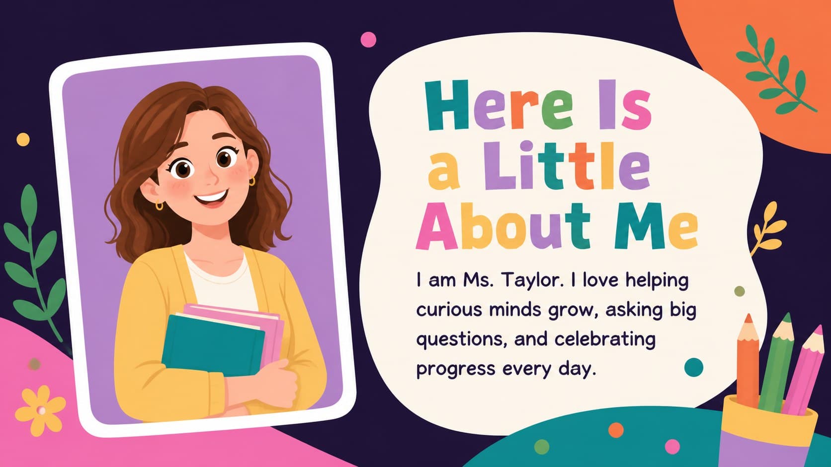 Colorful teacher profile slide with editable biography details and an original illustrated portrait.