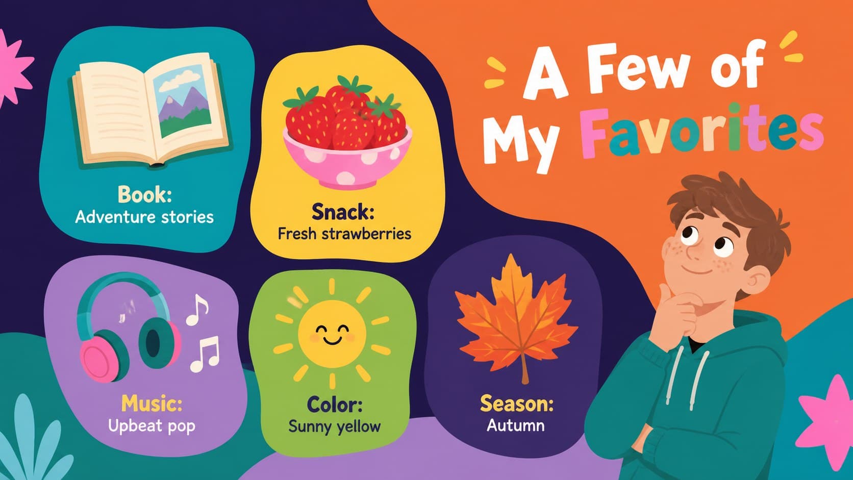 Bright favorite things slide with illustrated books, food, music, color, and season selections.