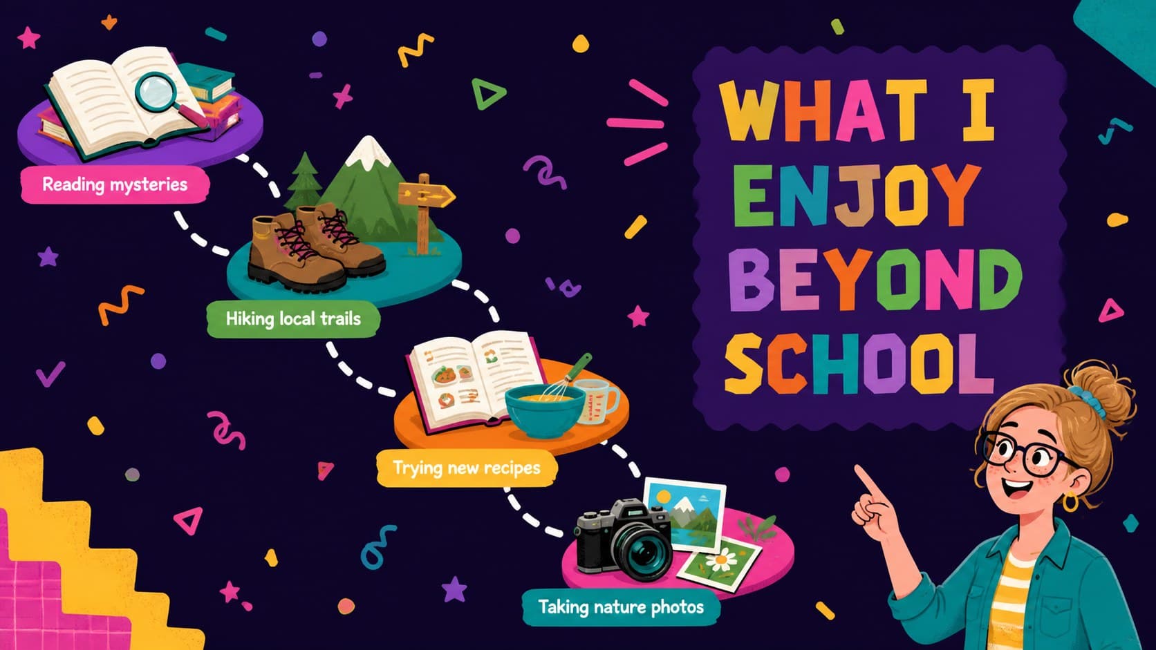 Illustrated teacher hobbies slide showing reading, hiking, baking, and photography in a colorful layout.