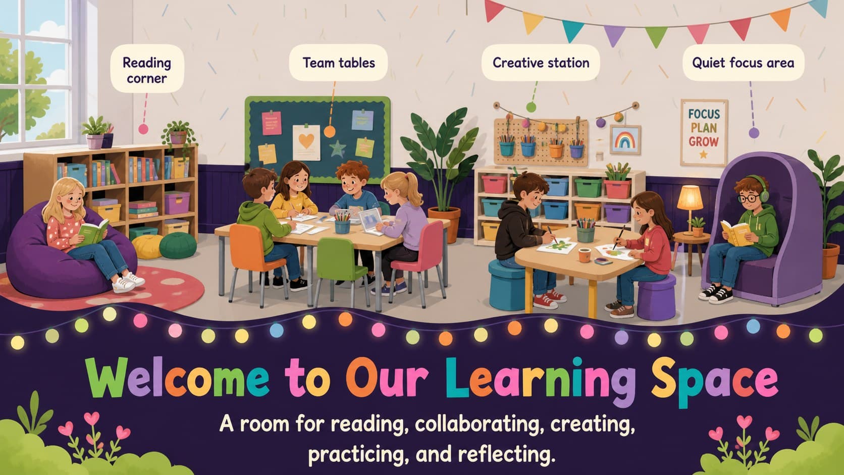Welcoming classroom overview slide highlighting reading, collaboration, creativity, and reflection areas.