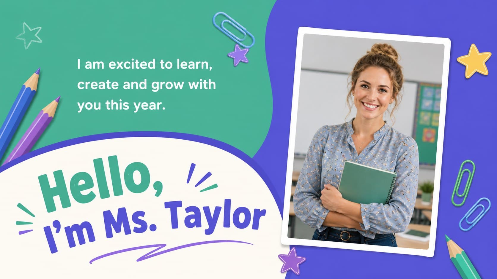 Friendly teacher introduction slide with a portrait area and a brief welcome message for students.