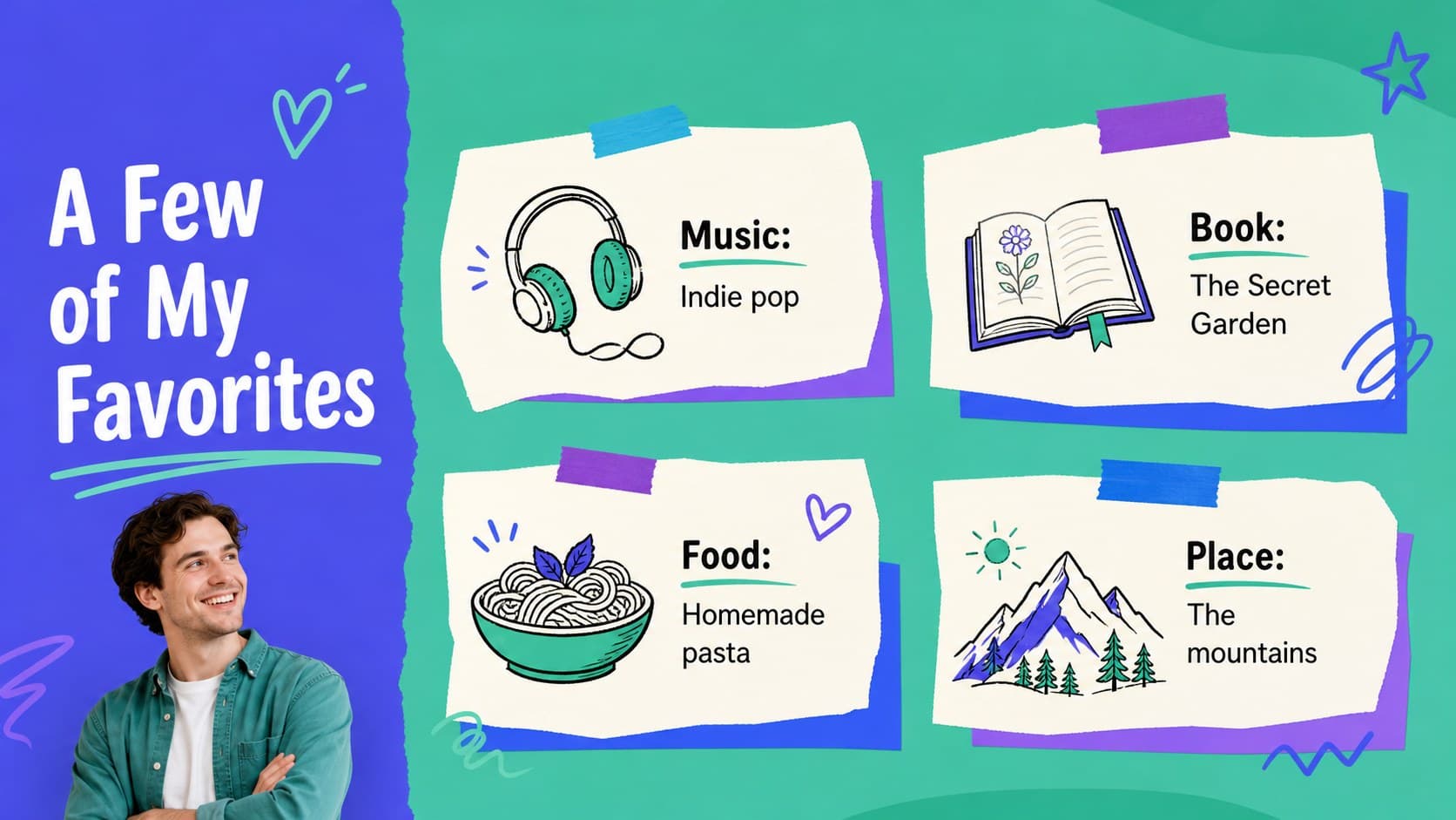 Colorful teacher favorites presentation with sections for books, food, music and places.