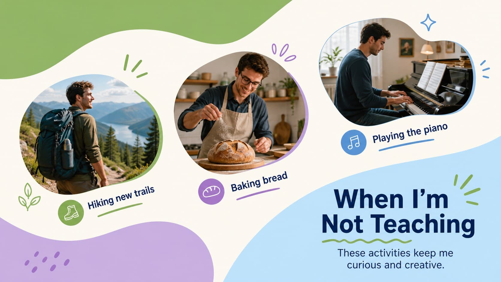 Playful classroom welcome presentation slide highlighting a teacher's hobbies outside school.