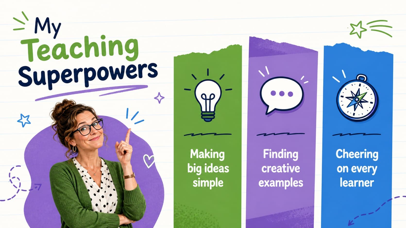 Illustrated teacher profile slide presenting three teaching strengths with bright classroom icons.
