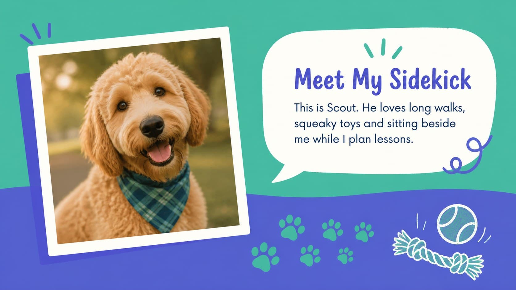 Teacher biography slide with a personal story about a pet and an original illustrated dog portrait.
