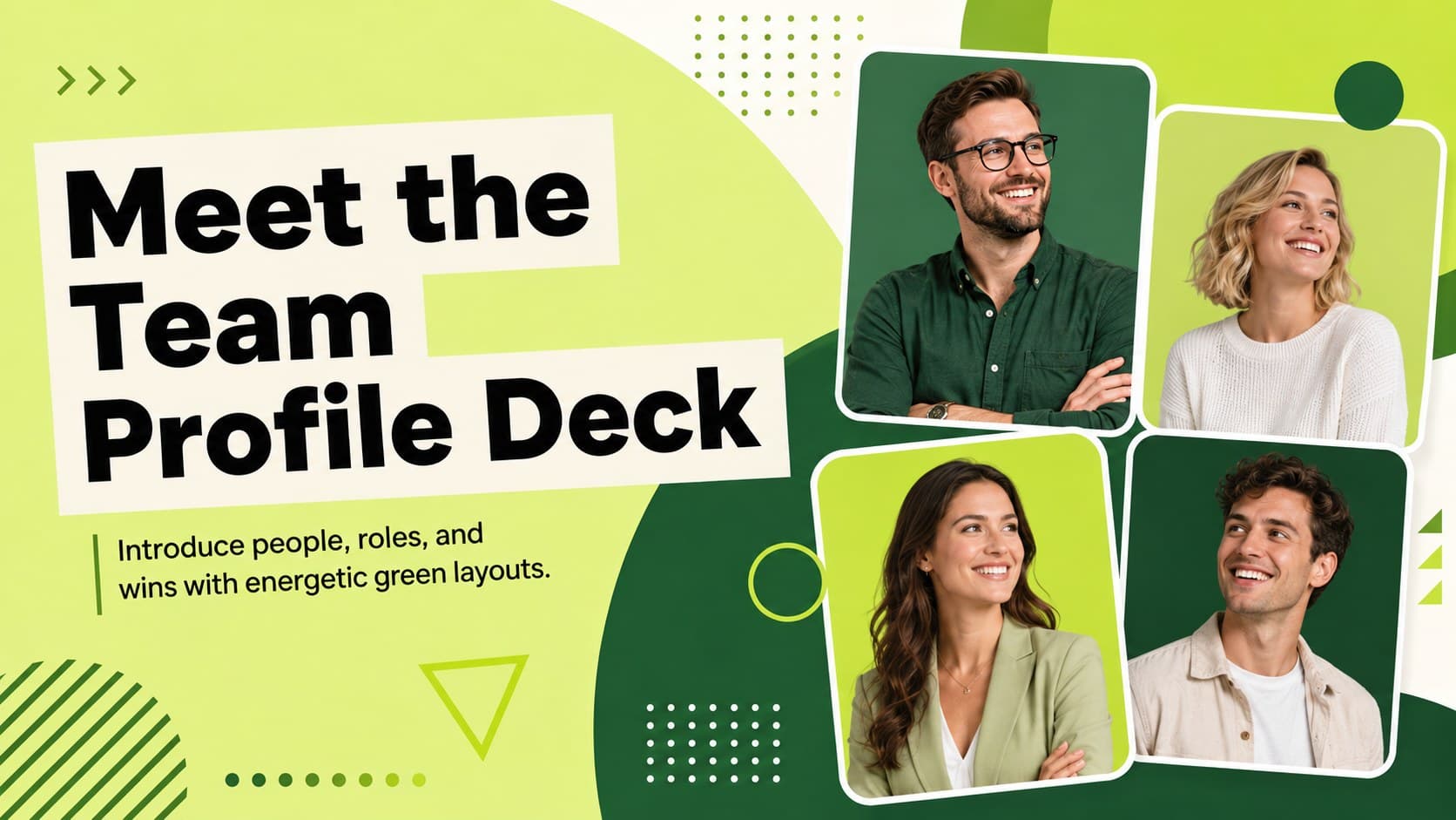 Meet the Team Profile Deck cover with vibrant green shapes, modern typography, and original employee portraits.