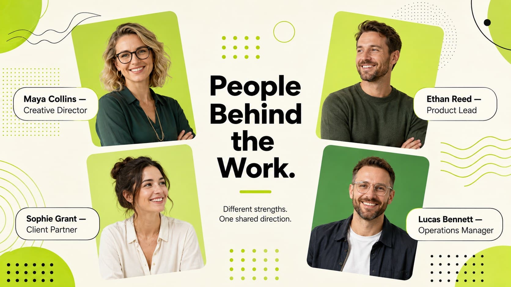 Creative team introduction slide displaying four employee profiles with roles and short professional biographies.