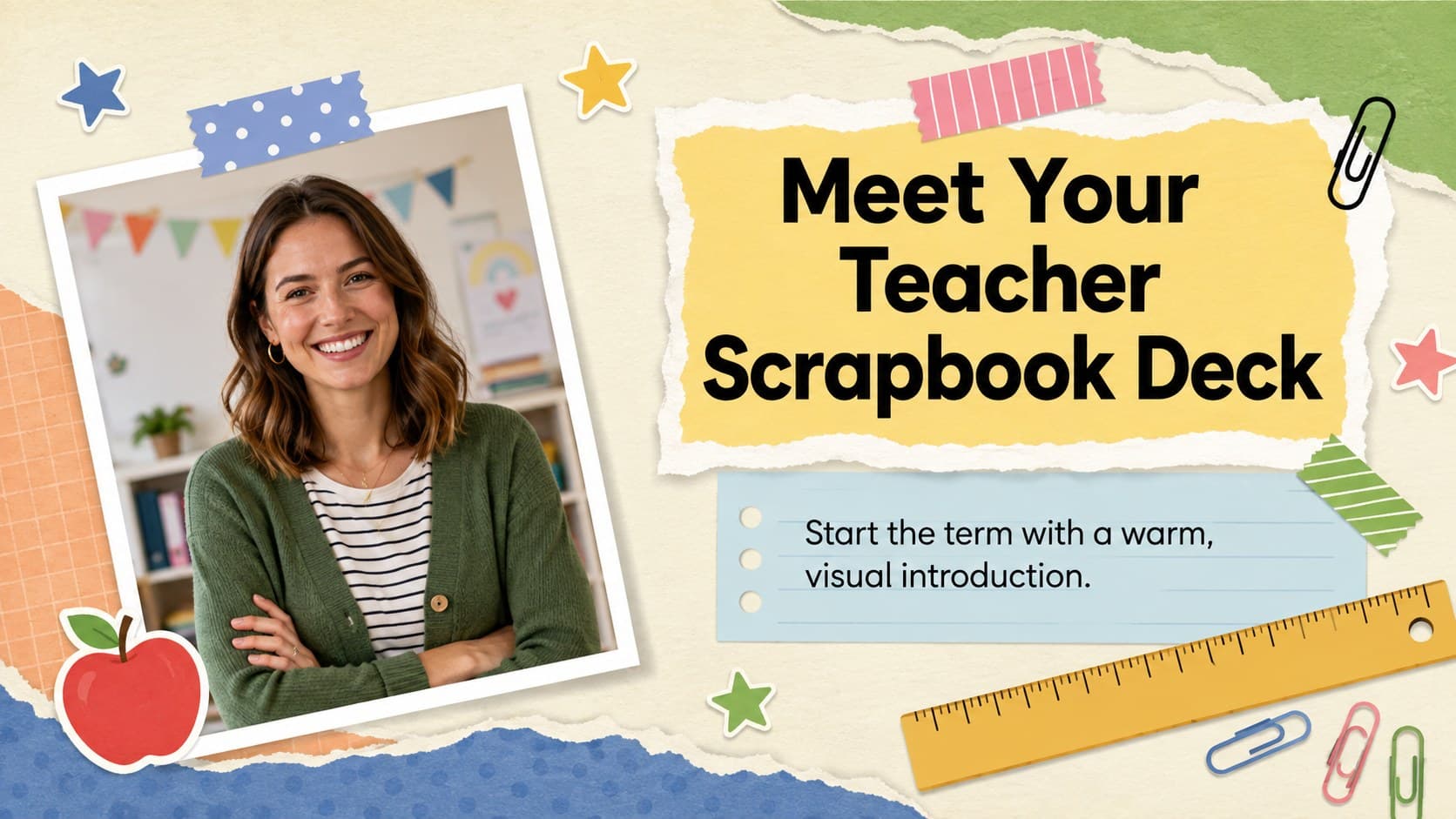 Colorful Meet Your Teacher Scrapbook Deck cover with layered paper shapes, classroom doodles, and a teacher photo frame.