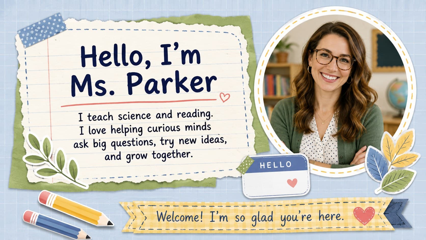 Scrapbook teacher introduction slide featuring a portrait, short biography, and friendly welcome message.
