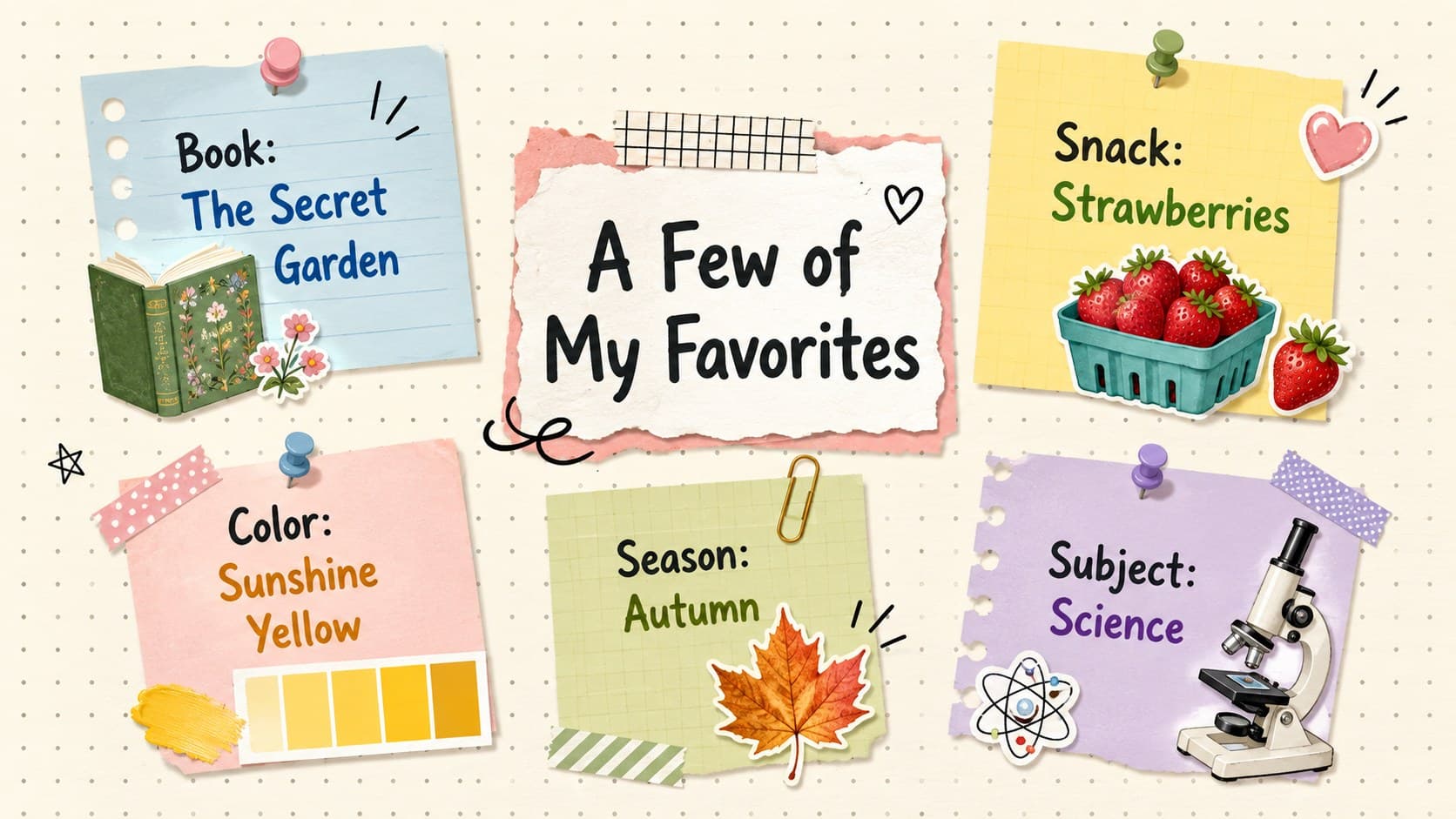Teacher favorites presentation slide showing favorite book, snack, color, season, and school subject.