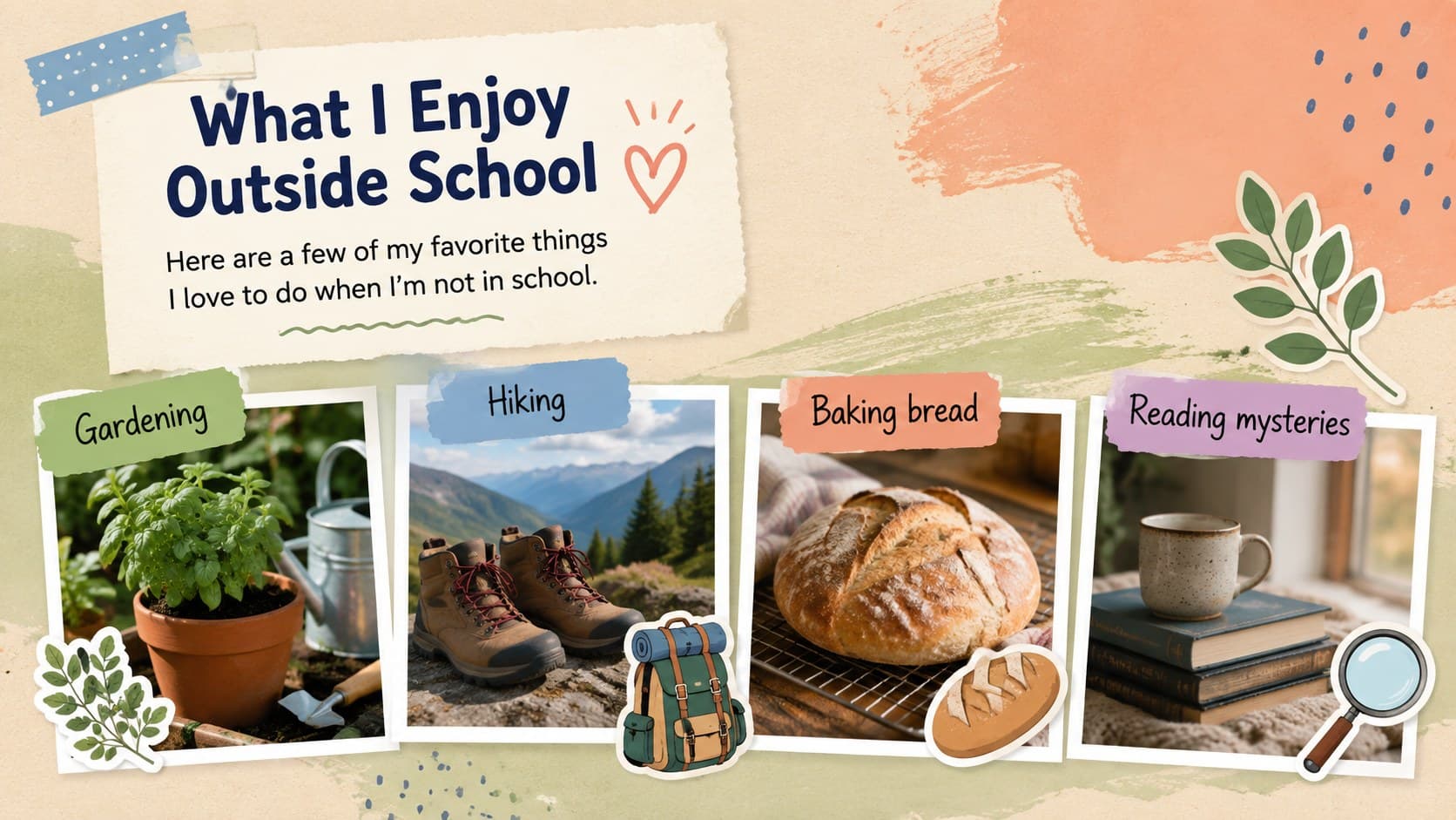 Kid-friendly teacher hobbies slide with scrapbook illustrations for gardening, hiking, baking, and reading.
