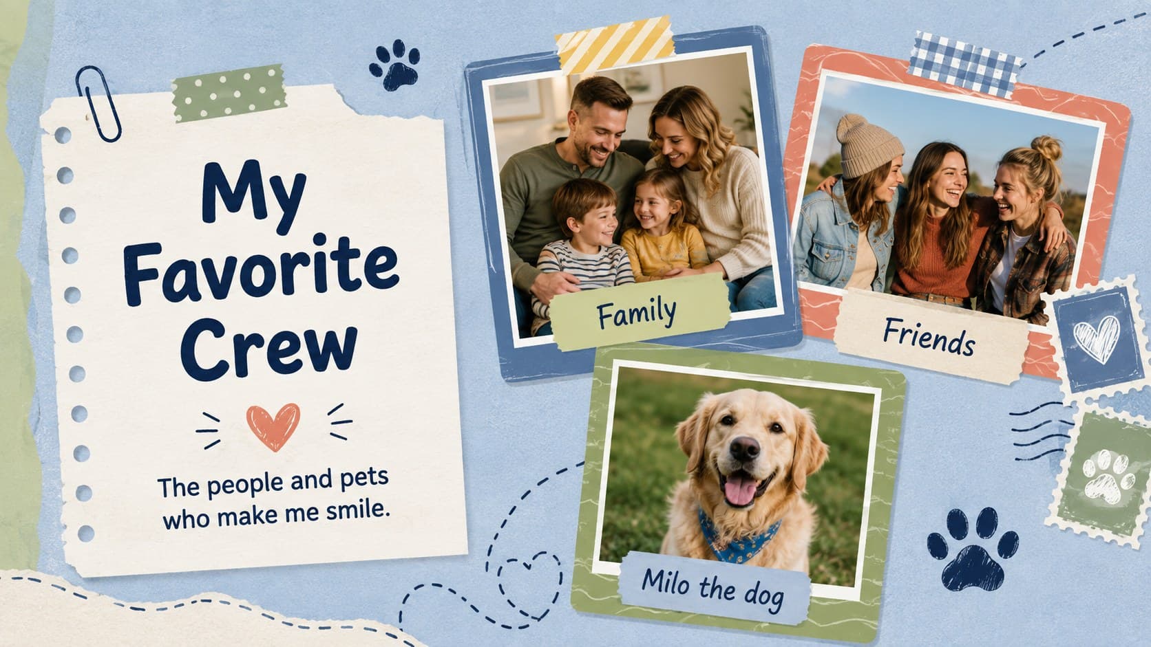 Scrapbook classroom welcome slide with photo frames for a teacher's family, friends, or pets.
