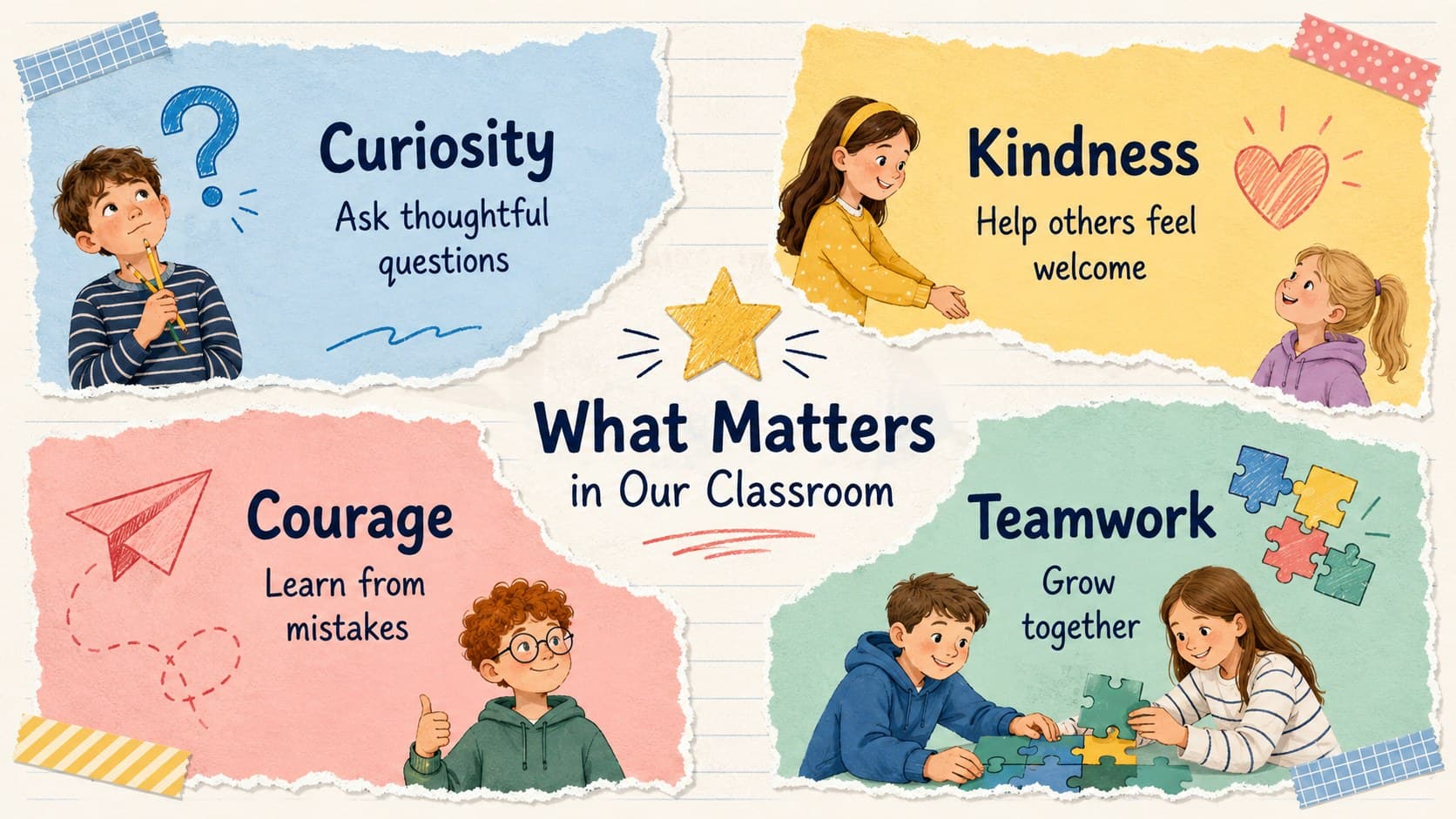 Meet the teacher slideshow page presenting curiosity, kindness, courage, and teamwork as teaching values.