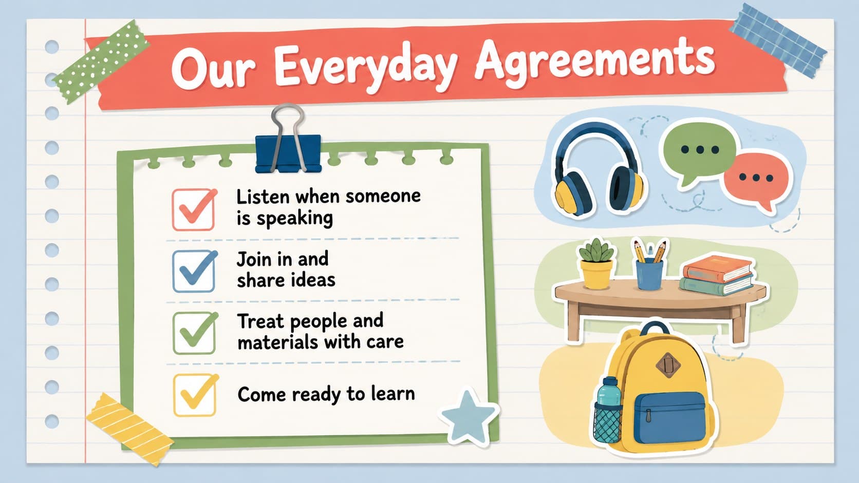 Editable classroom welcome slideshow page outlining listening, participation, respect, and preparedness.