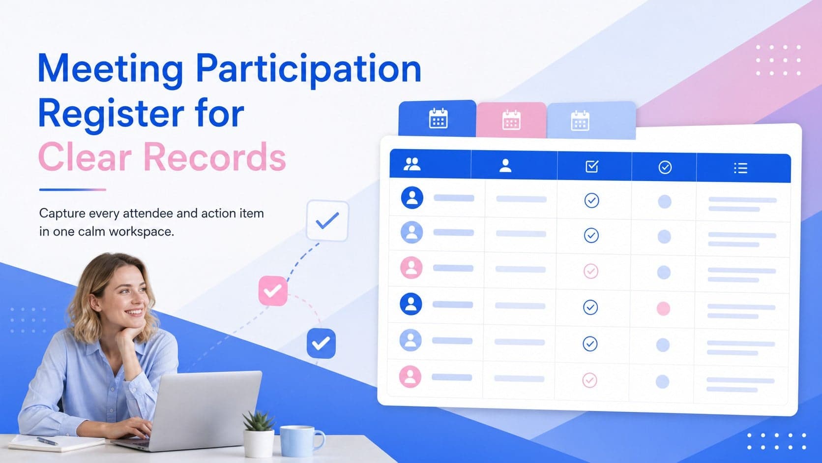Cover for a meeting participation register with a soft blue and pink gradient and organized attendance-themed graphics.