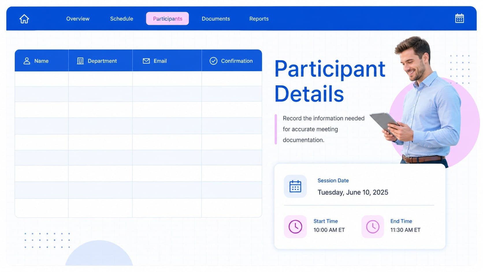 Business meeting sign in template with participant names, departments, contact details, and confirmation fields.