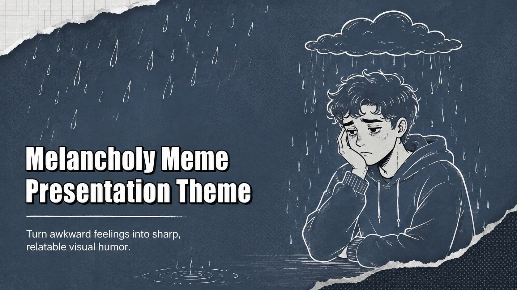 Cover of the Melancholy Meme Presentation Theme with bold typography, expressive imagery, and muted grey-blue graphics.