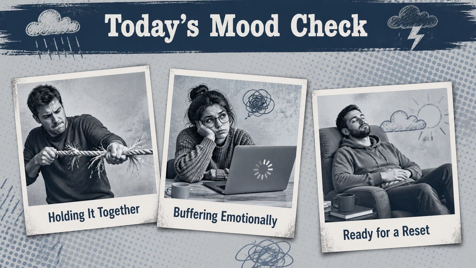 Grey-blue mood check slide featuring three expressive reaction panels for a relatable mood meme template.