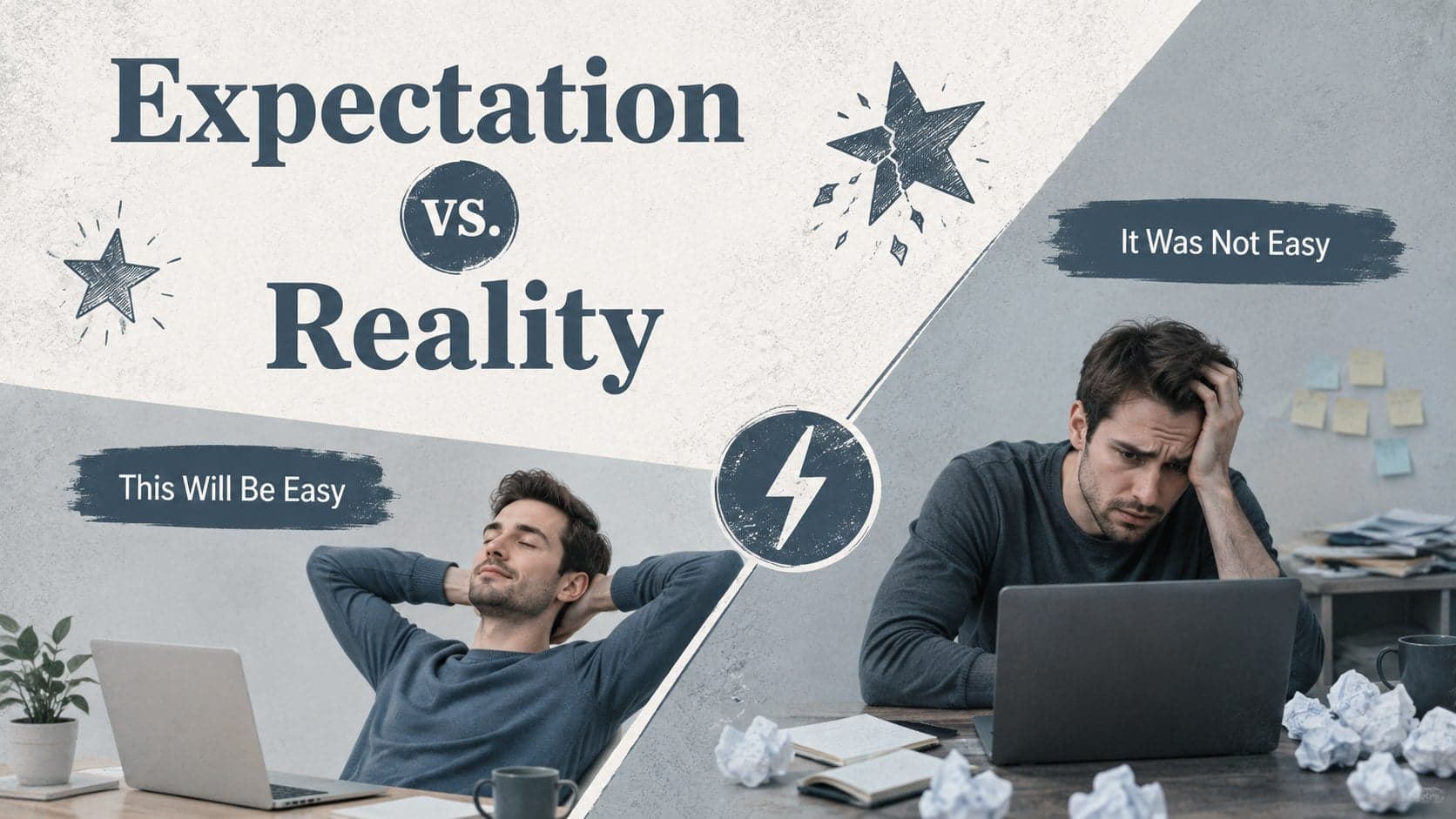 Funny emotional reaction slide contrasting optimistic expectations with a disappointing reality.
