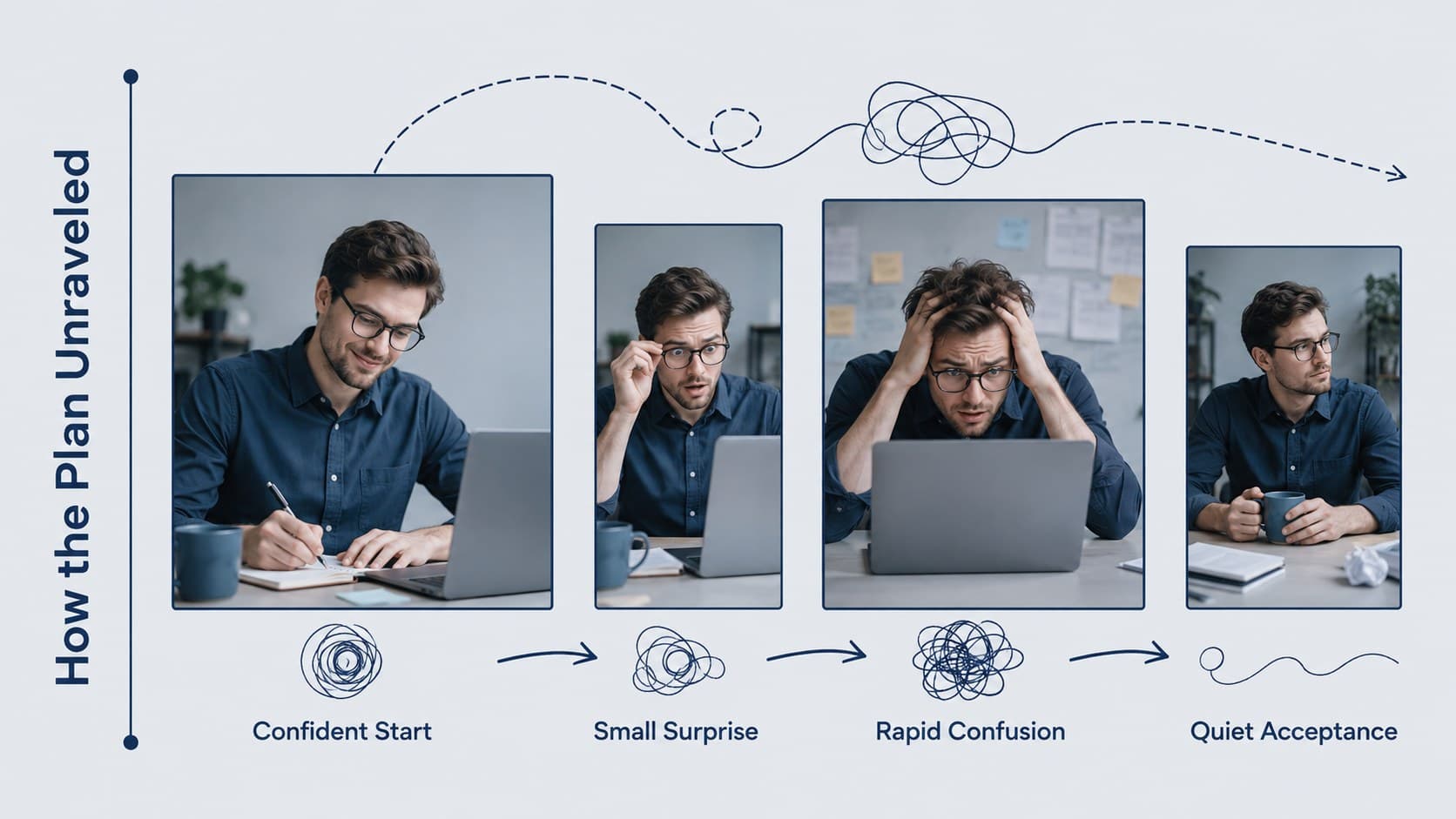 Grey-blue humor presentation slide with a four-step sequence about a plan gradually falling apart.