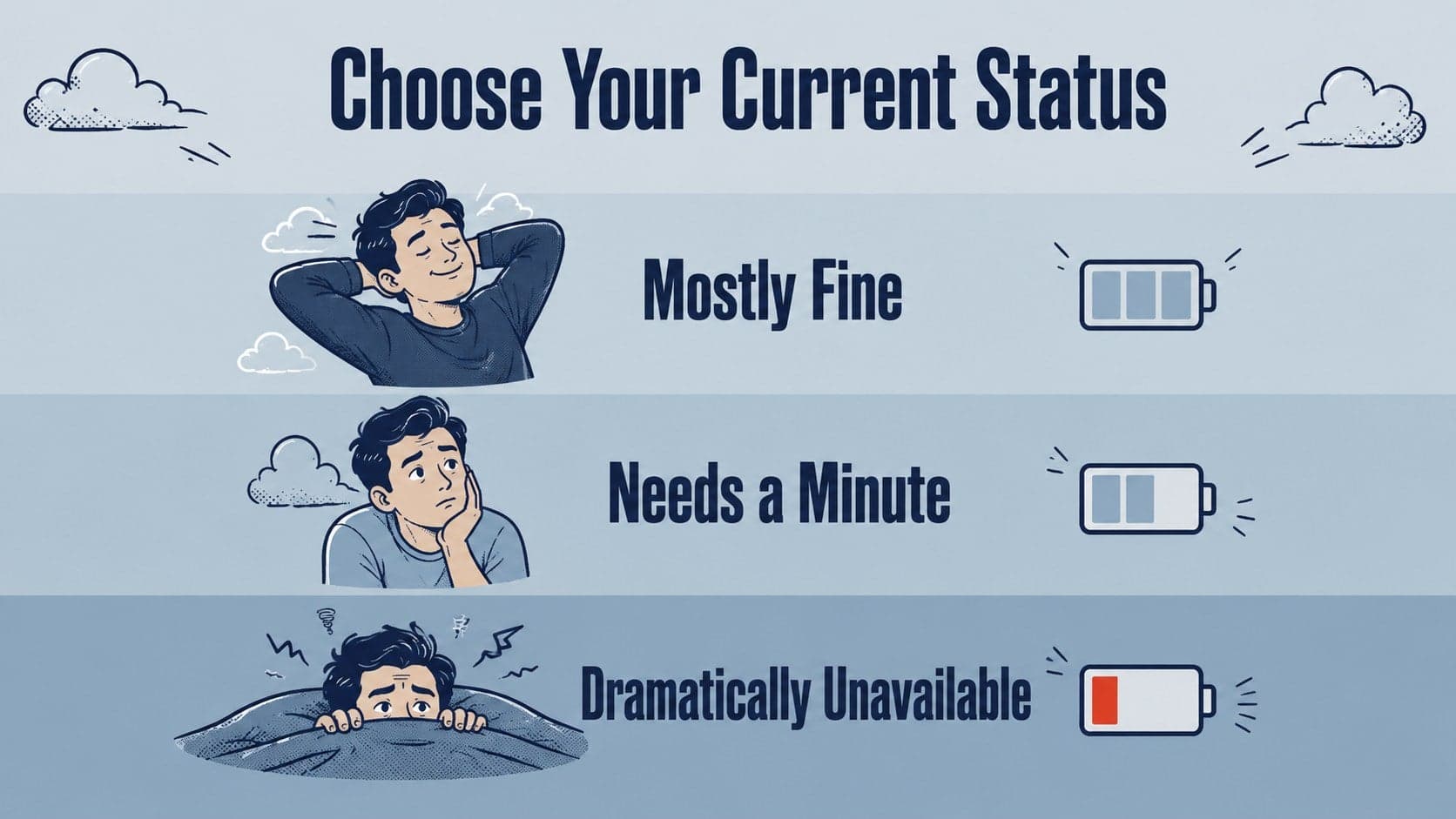 Meme presentation for classroom use with a humorous three-option emotional status scale.