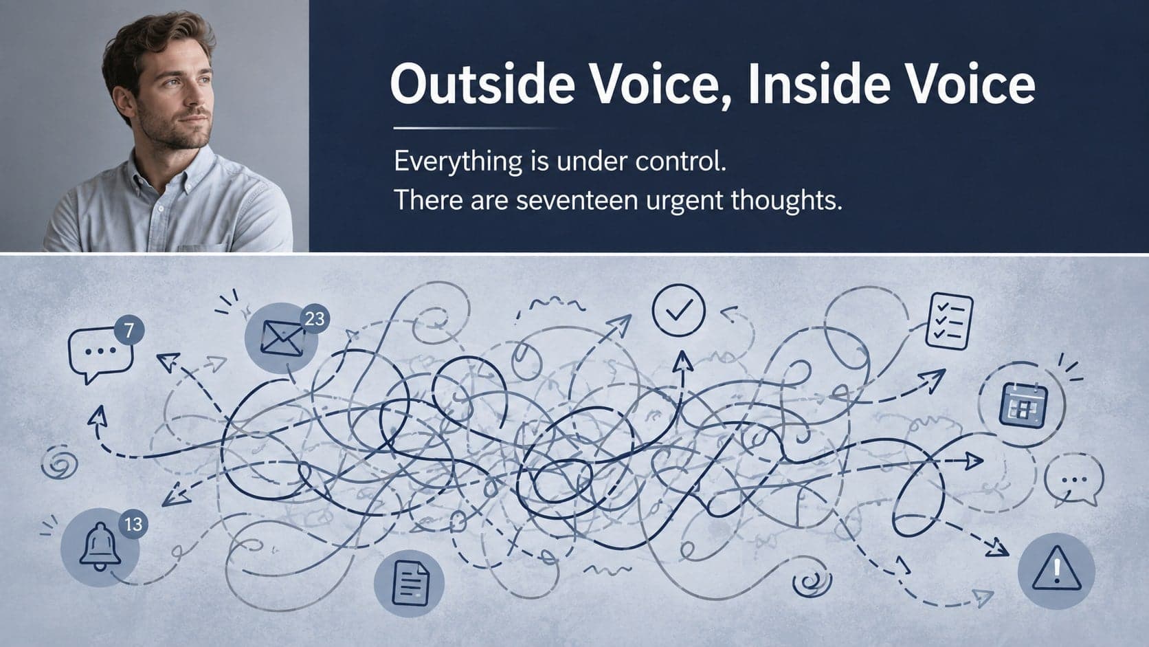 Office humor PowerPoint template slide comparing calm appearances with chaotic inner thoughts.