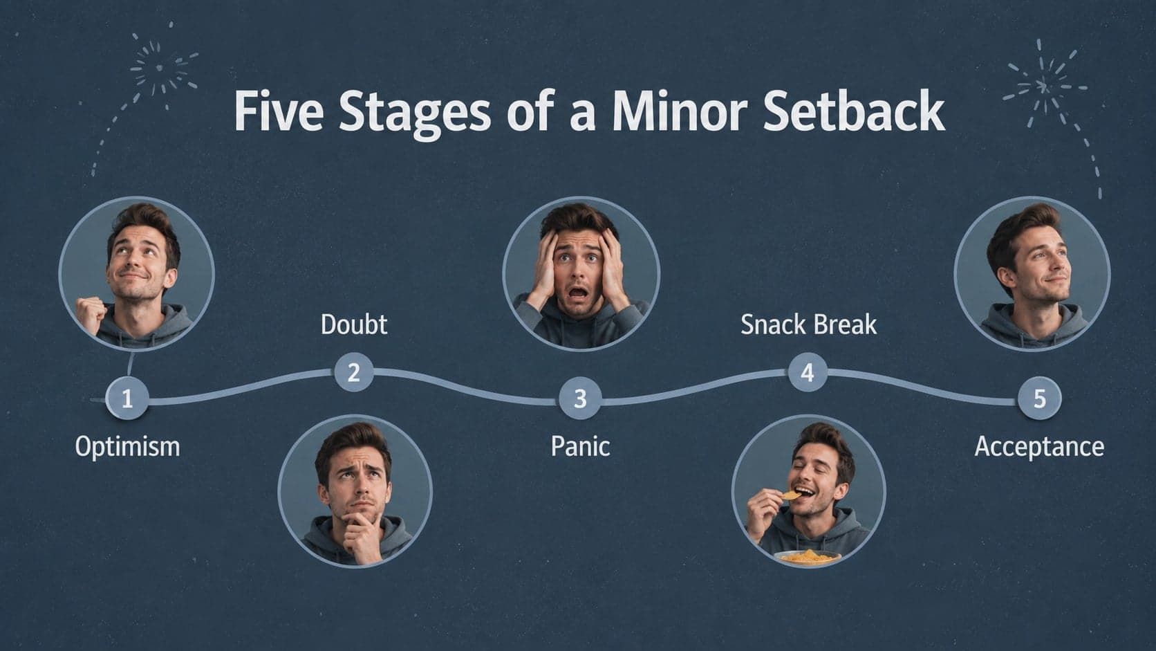 Photo meme layout for Google Slides showing a five-stage timeline from optimism to acceptance.