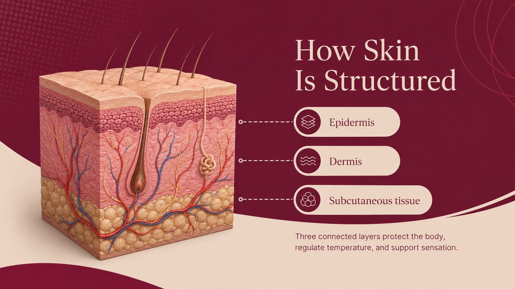 Educational skin anatomy slide showing the epidermis, dermis, and subcutaneous layer.
