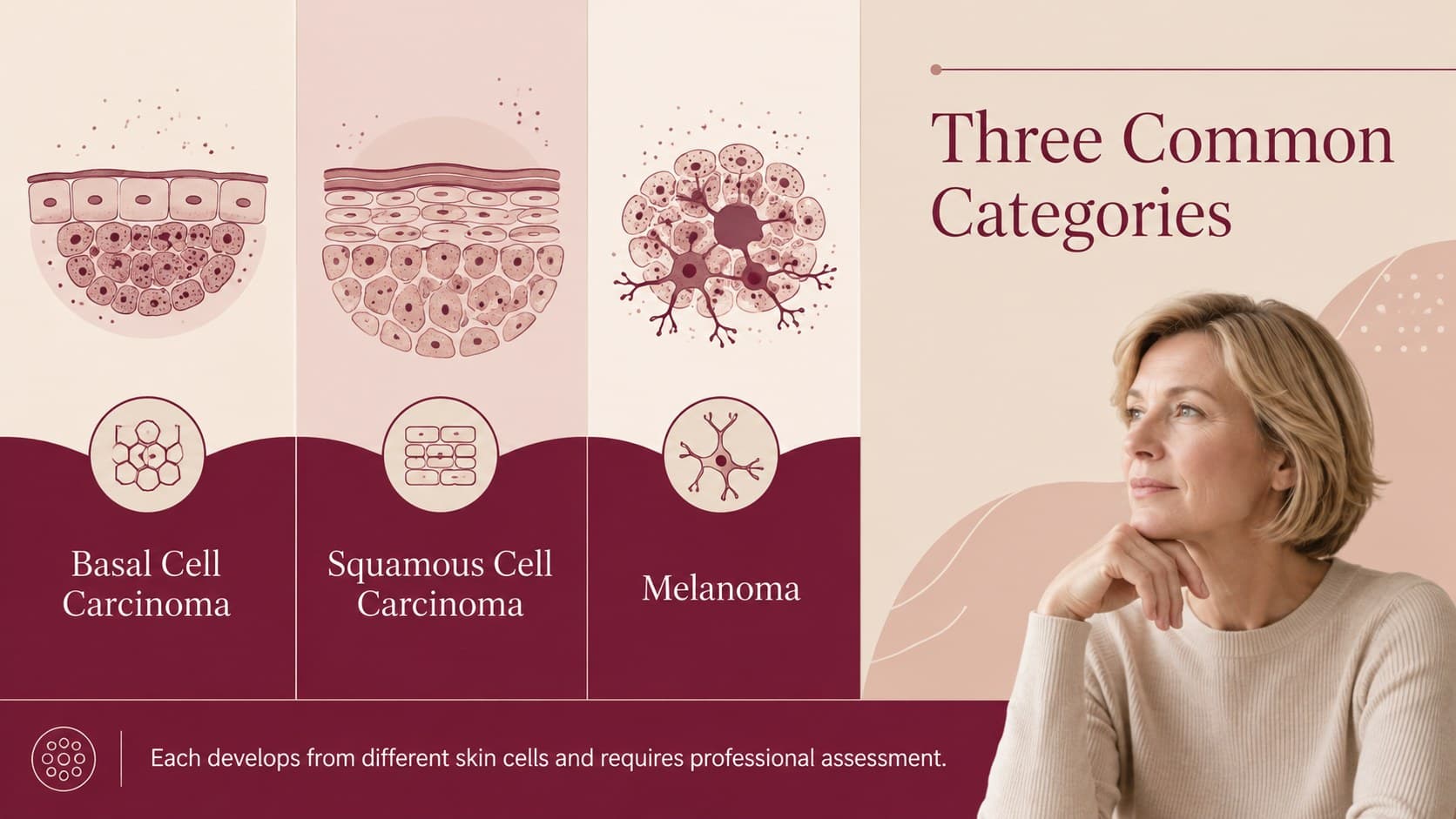 Skin cancer overview slide comparing basal cell, squamous cell, and melanoma categories.