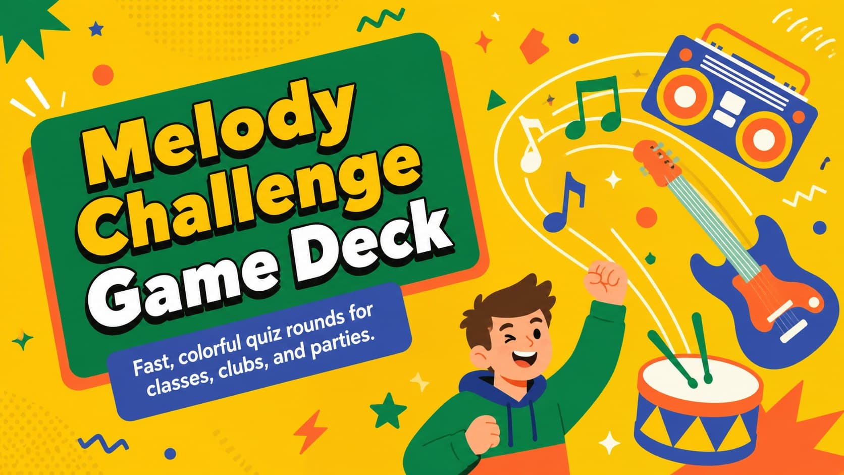 Colorful Melody Challenge Game Deck cover with illustrated musical symbols and a bold quiz-show layout.