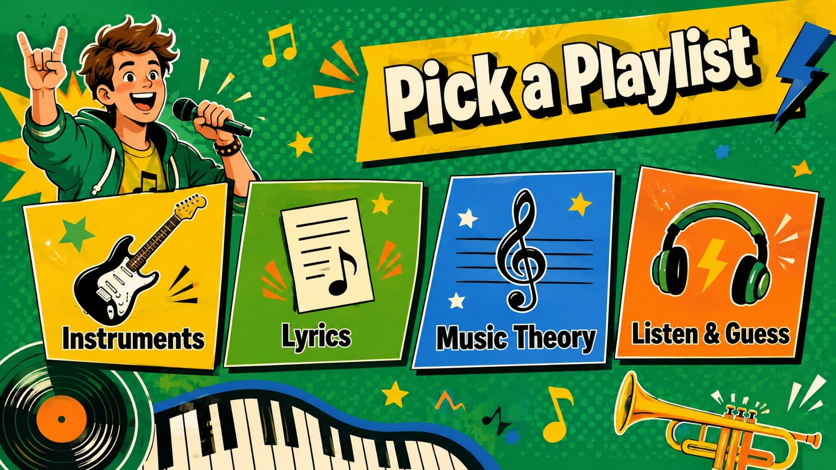 Bright music trivia category slide offering instruments, lyrics, theory, and listening rounds.