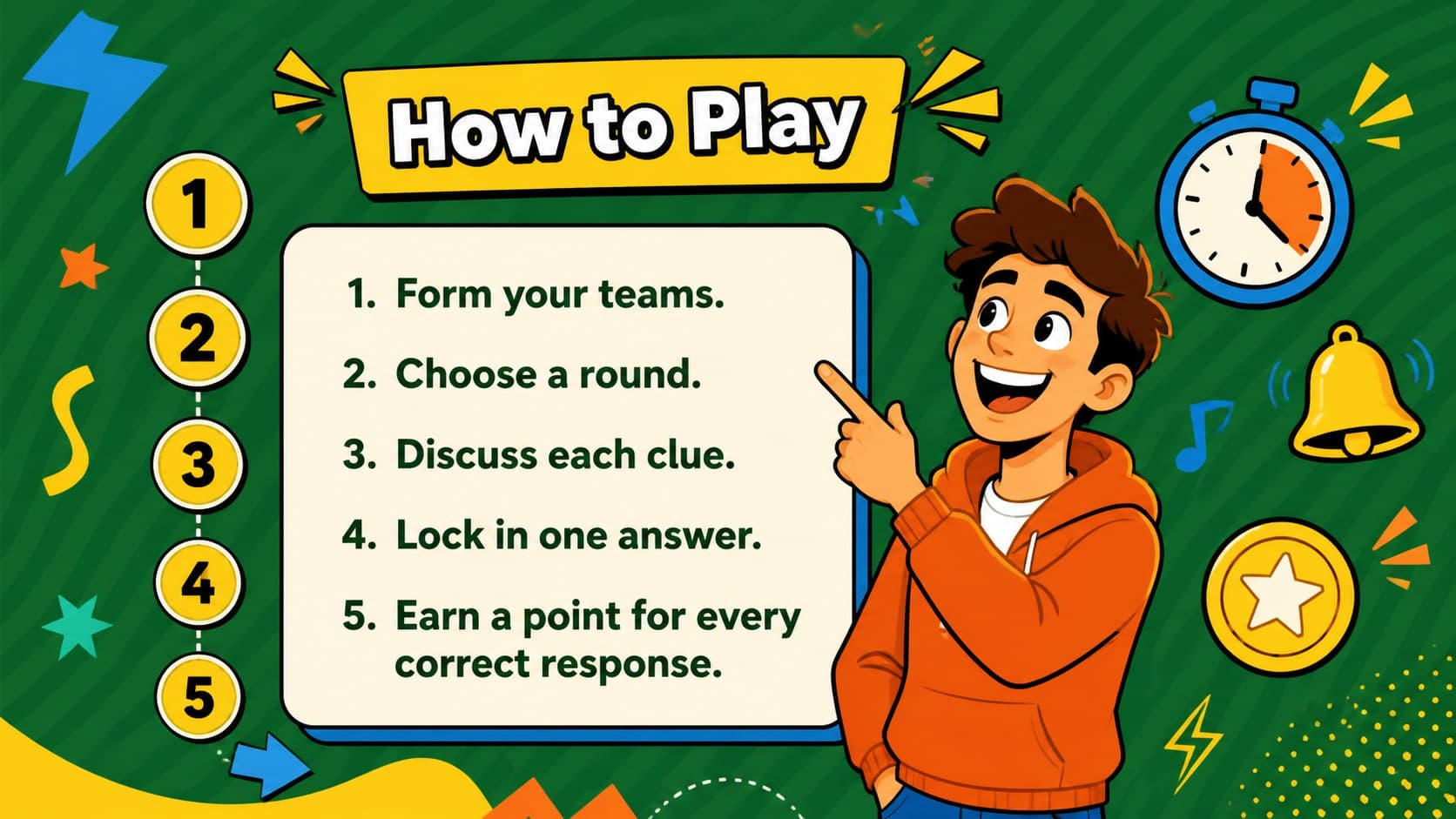 Illustrated team instructions for an interactive melody trivia presentation.