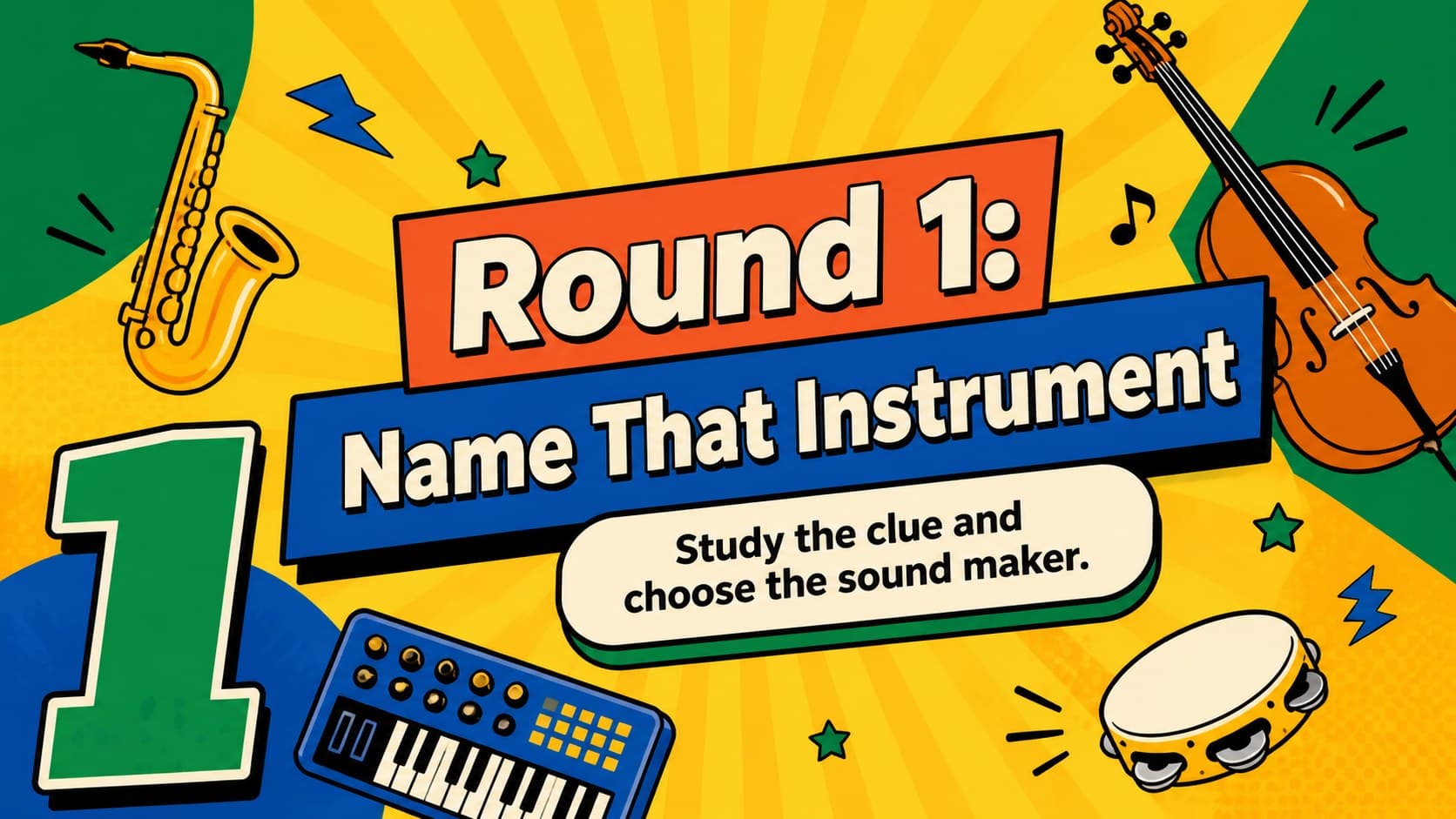Animated instrument identification round divider in a colorful music quiz deck.
