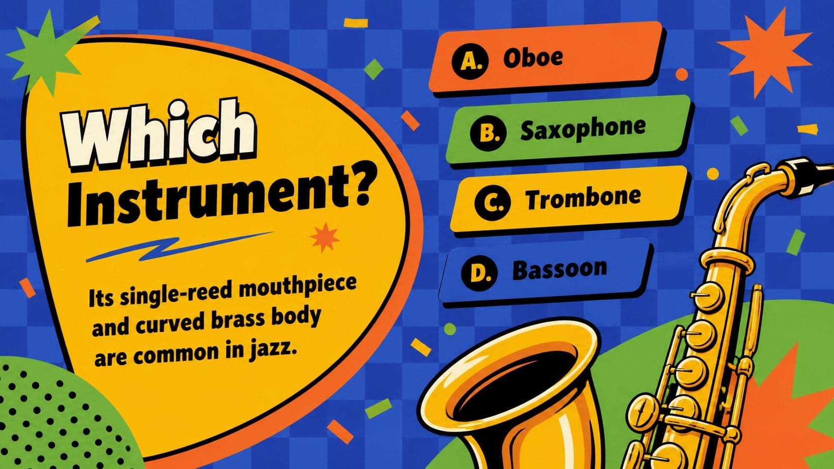 Multiple-choice saxophone question from a classroom song guessing game.