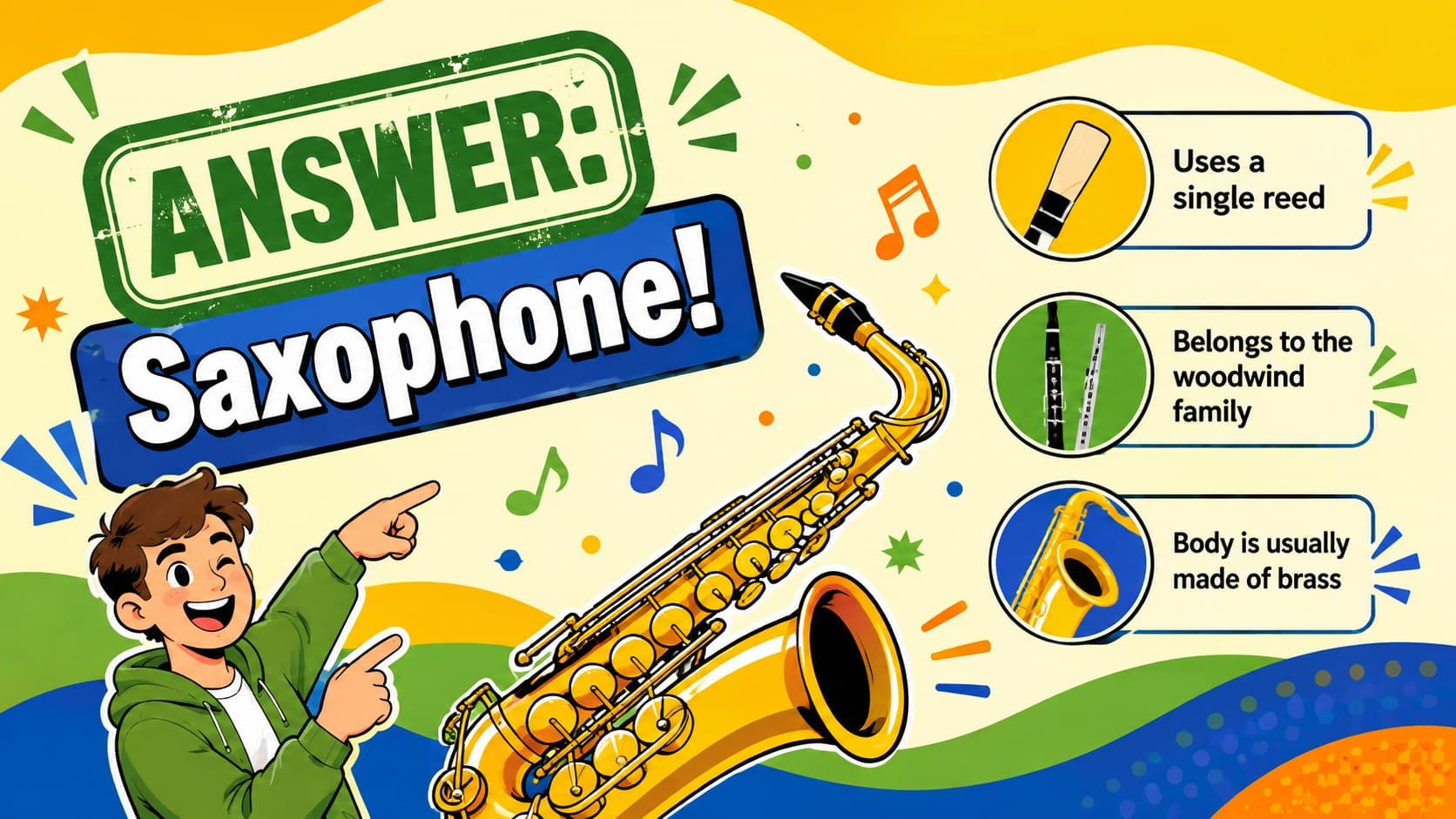 Saxophone answer reveal with vivid graphics for a team based music challenge.