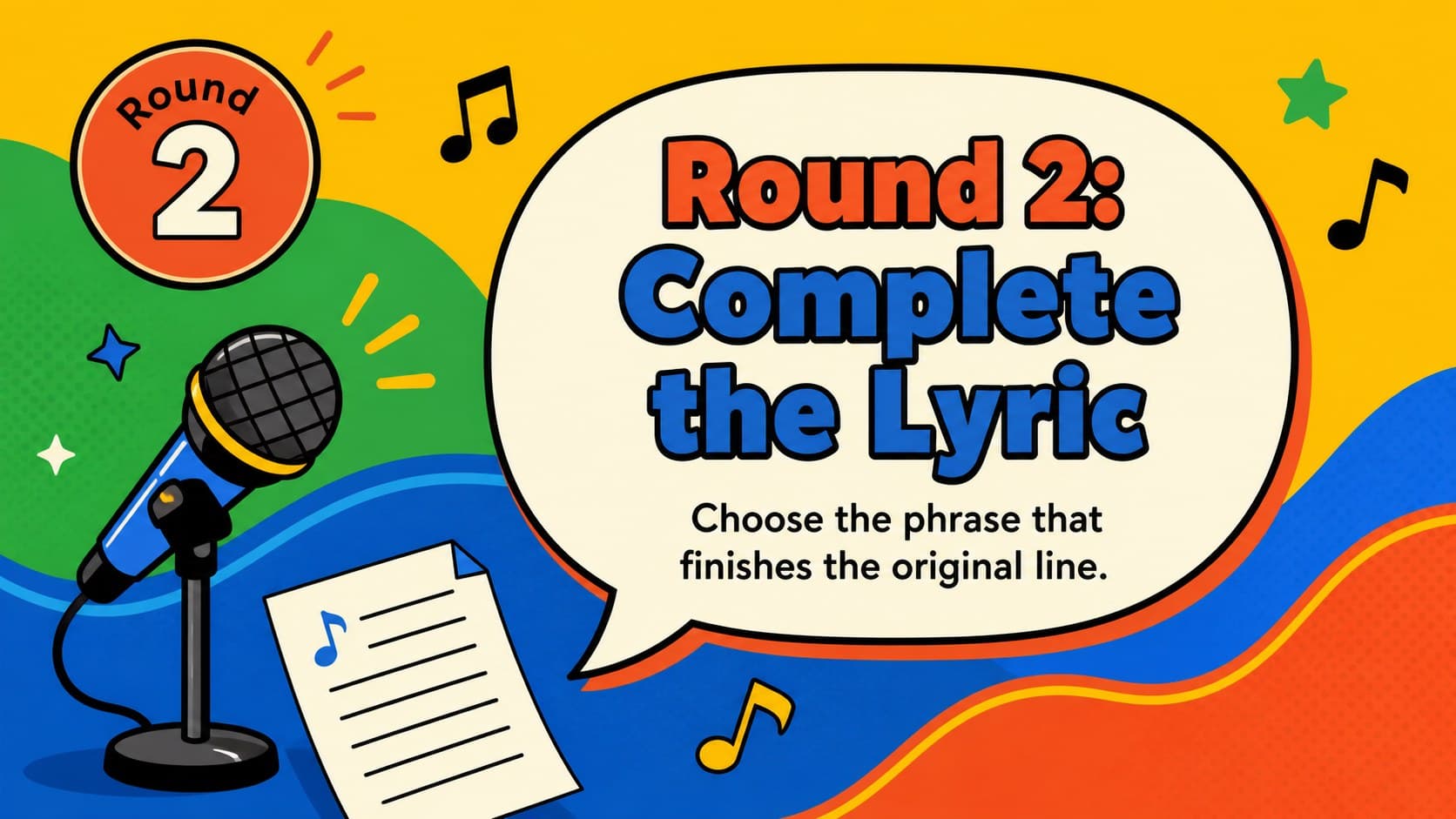 Colorful lyric completion round divider for an editable audio quiz template.