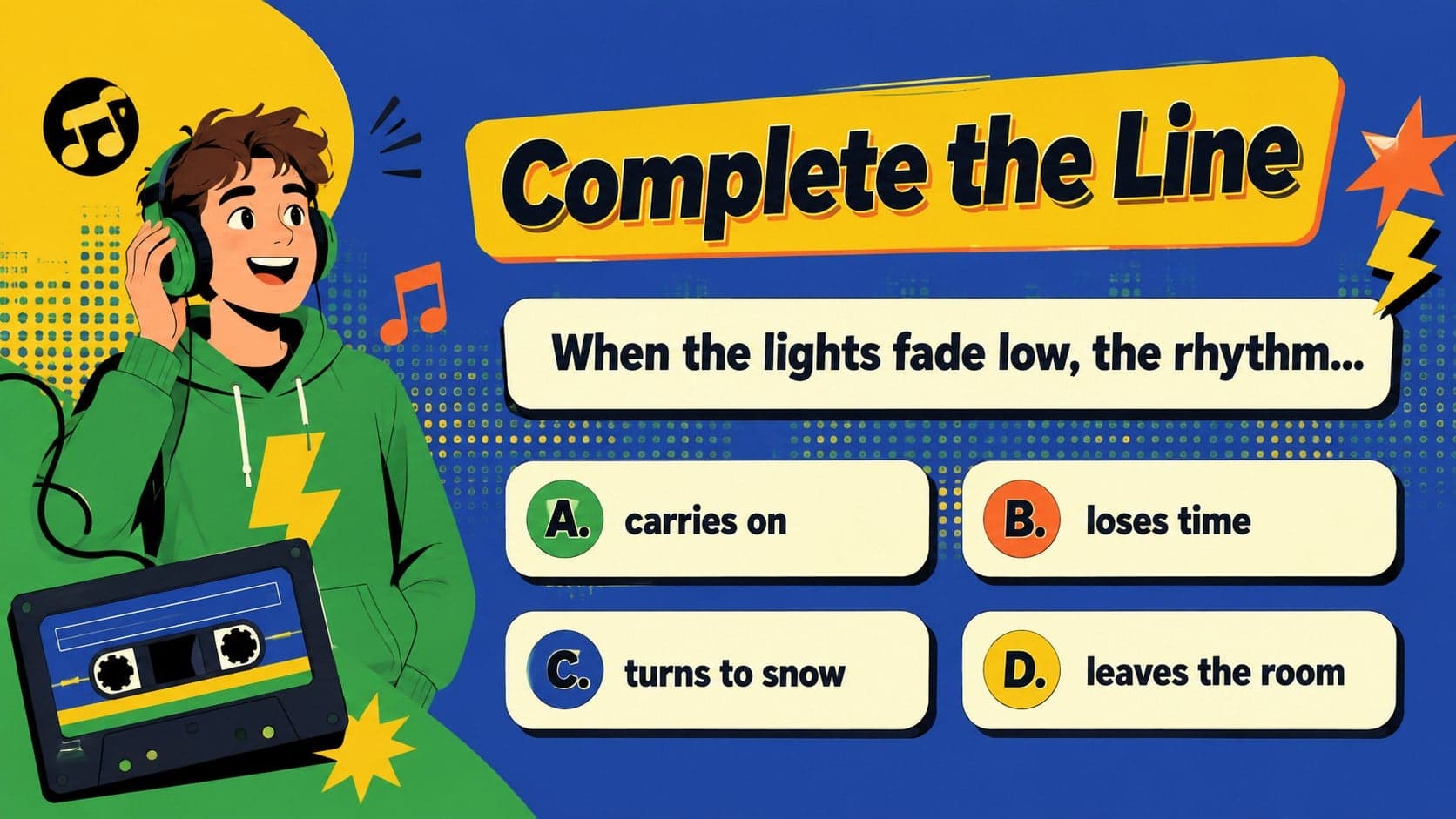 Original lyric multiple-choice question in a playful music trivia slide.